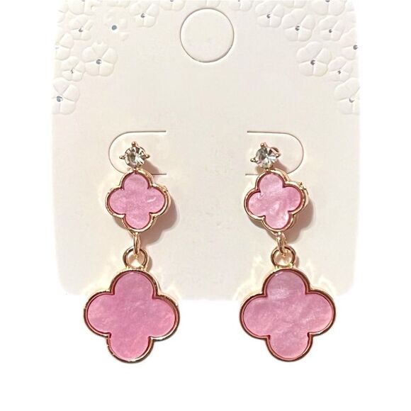 Designer Inspired Double Lavender Clover Gold Tone Dangle Earrings - Picture 5 of 5